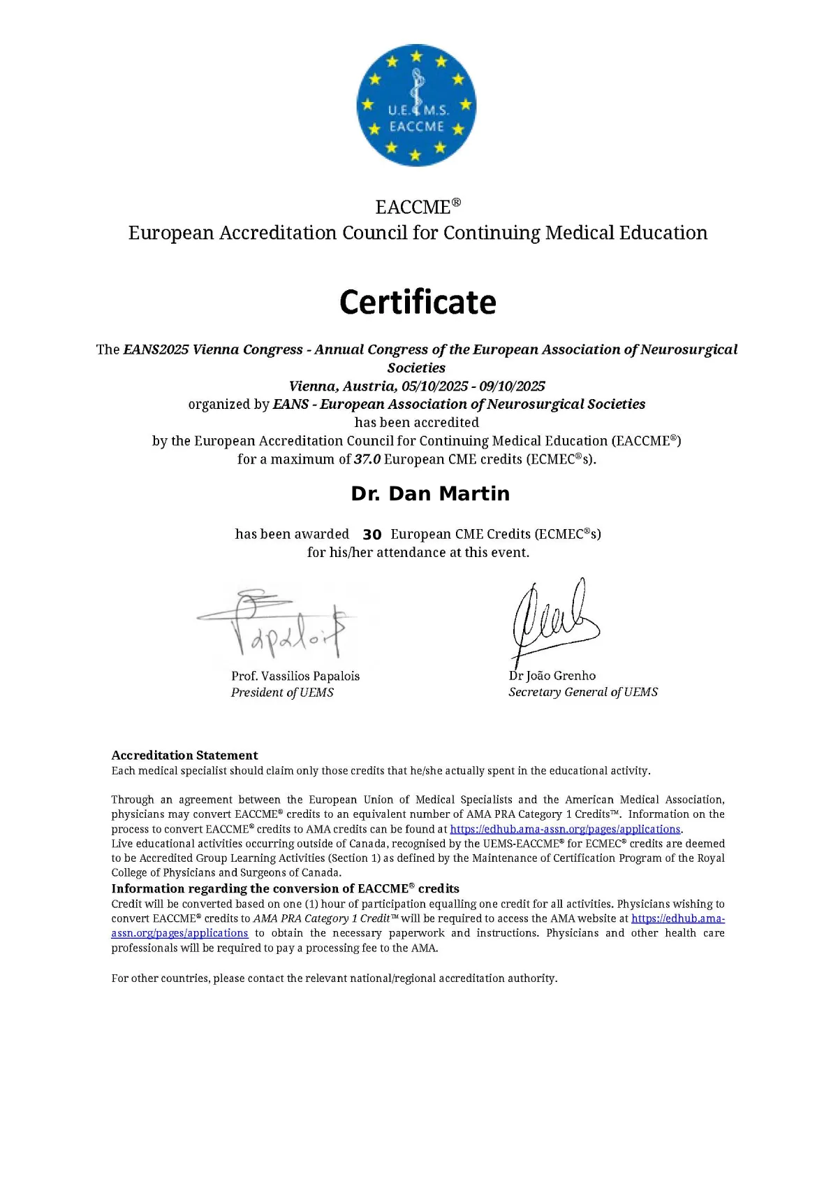 Eans2025 Certificate Eaccme